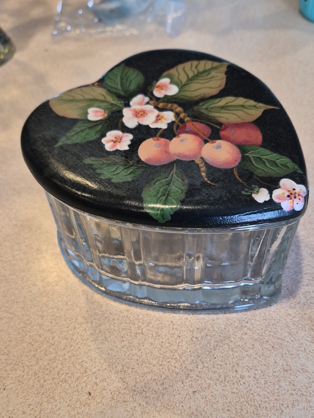 Indiana Glass Heart Shaped Glass Trinket Box with Floral Fruit Lid
